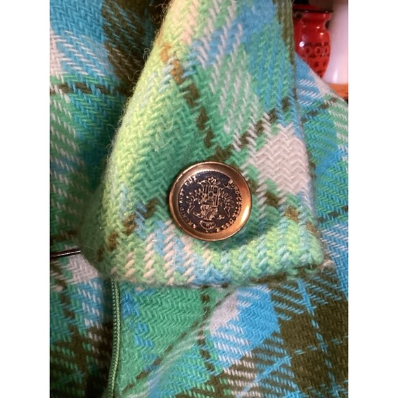 Vintage Green Plaid Fringe Polyester Cape Poncho Shawl Wool Knit Handmade 70s - Picture 9 of 14